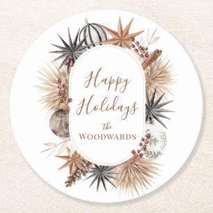Boho Botanical Christmas Personalised Round Paper Coaster