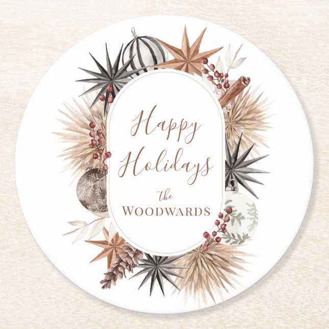 Boho Botanical Christmas Personalised Round Paper Coaster (Front)