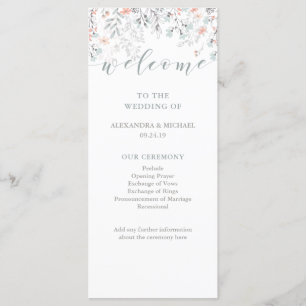 Boho Botanical Coral and Grey Wedding Program Programme