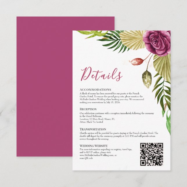 Boho Botanical Crimson Rose Wedding Details Card (Front/Back)