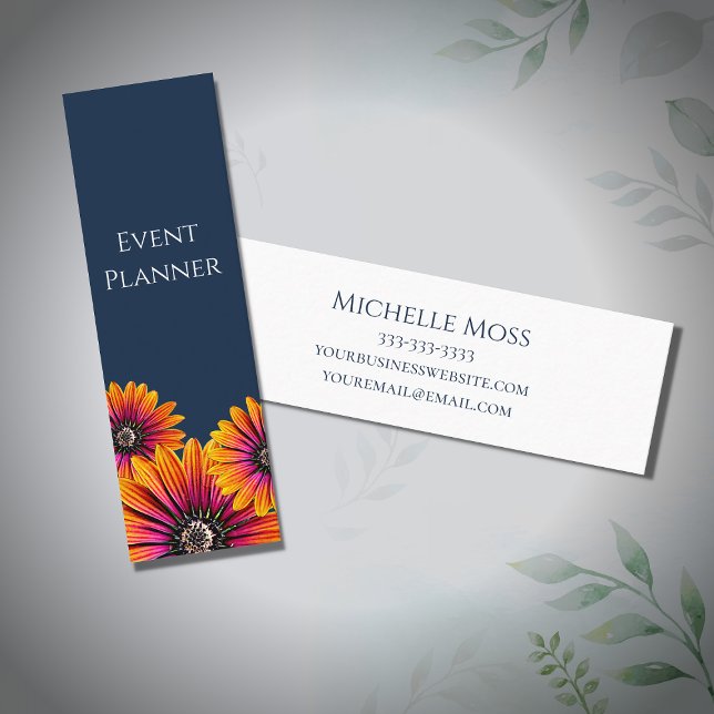 Boho Botanical Daisies Trendy Navy Blue Mini Business Card (Creator Uploaded)
