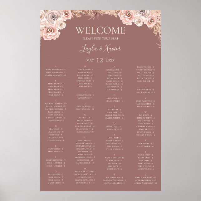 Boho Botanical | Dusty Rose Alphabetical Seating Poster (Front)