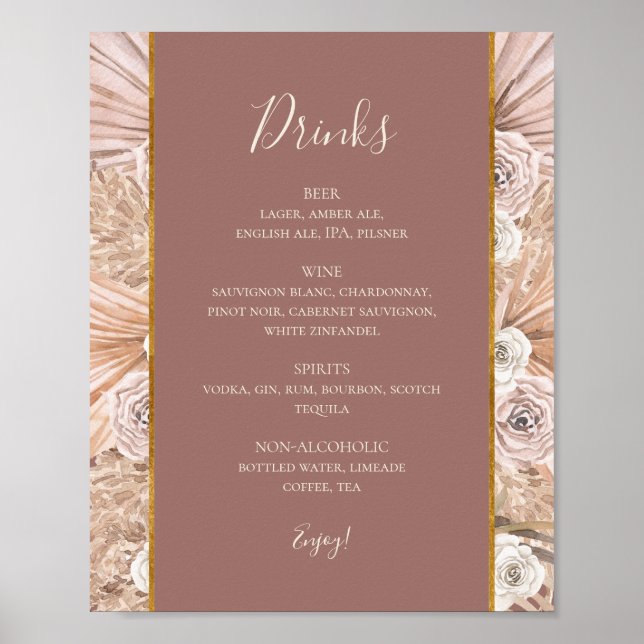 Boho Botanical Dusty Rose Wedding Drinks Menu Sign (Front)