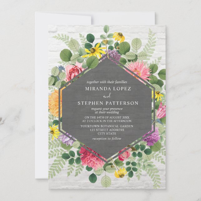 Boho Botanical Floral Geometric Brick Wedding Invitation (Front)