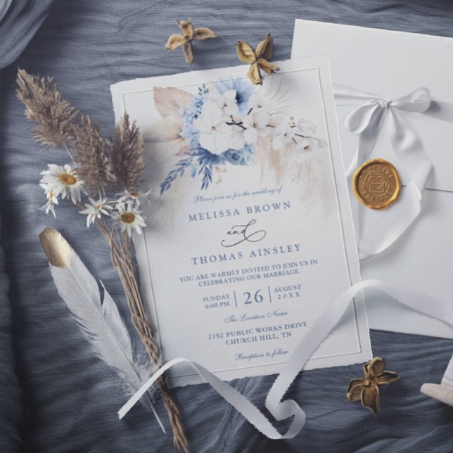Boho Botanical Floral Modern Blue Elegant Wedding Invitation (Creator Uploaded)