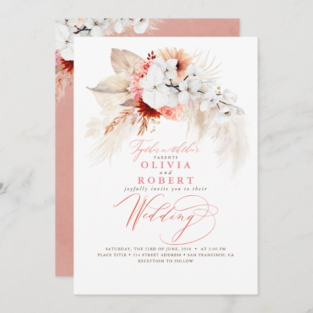 Boho Botanical Floral Modern Peach Pink Wedding Invitation (Front/Back)