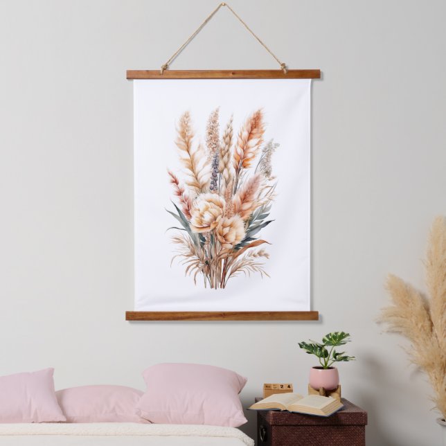 Boho Botanical Floral Pampas Grass Neutral Colours Hanging Tapestry (Bedroom)