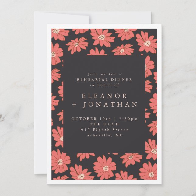 Boho Botanical Flowers Black Red Rehearsal Dinner Invitation (Front)