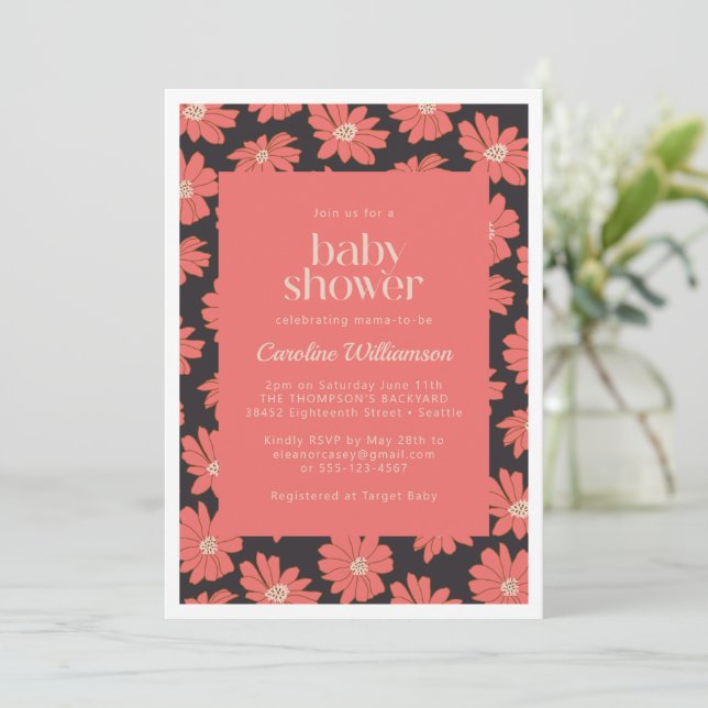 Boho Botanical Flowers Navy Red Baby Shower Invitation (Standing Front)