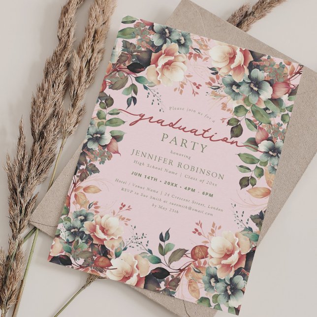 Boho Botanical Garden Floral Graduation Blush Invitation (Boho Botanical Garden Floral Graduation Blush Invitation)