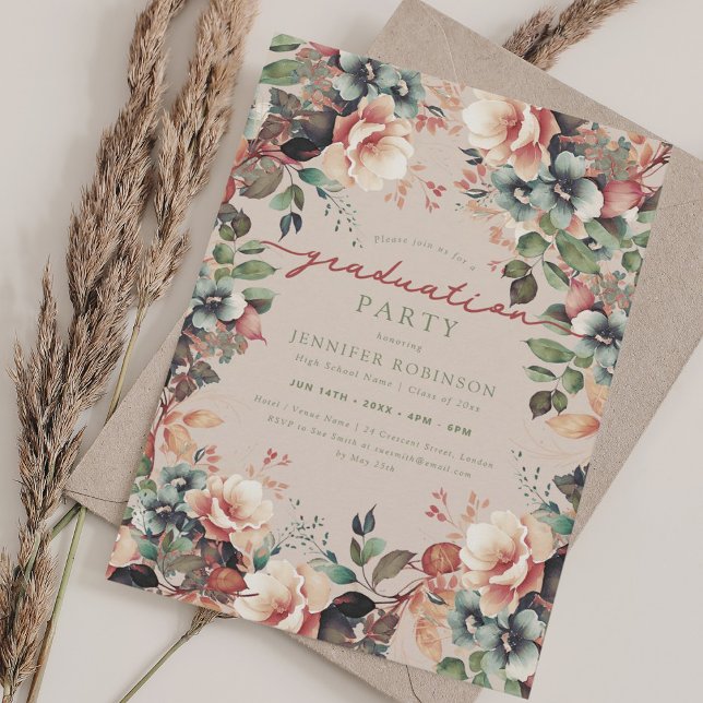 Boho Botanical Garden Floral Graduation Champagne Invitation (Boho Botanical Garden Floral Graduation Champagne Invitation)