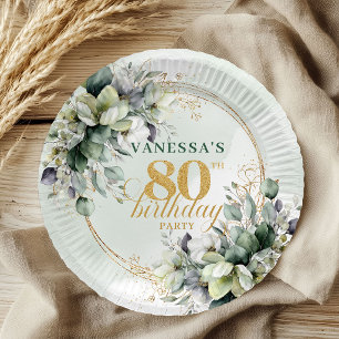 Boho Botanical Green White 80th Birthday Plates