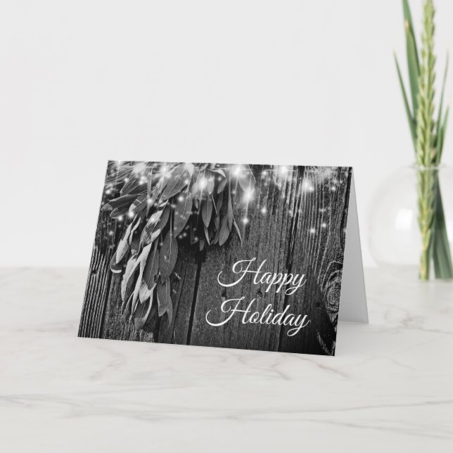 Boho botanical herb leaves rustic Barn-wood  Holiday Card (Front)