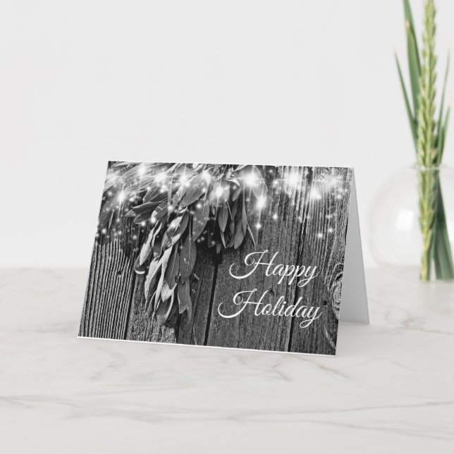 Boho botanical herb leaves rustic Barn-wood  Holiday Card (Front)
