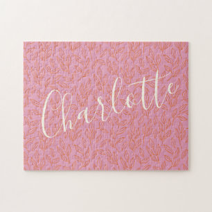 Boho Botanical Leaf Pattern in Pink Personalised   Jigsaw Puzzle
