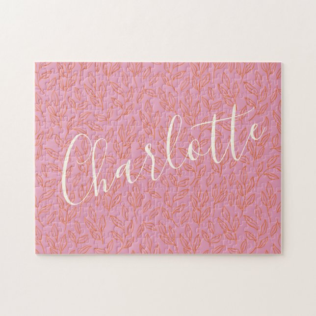 Boho Botanical Leaf Pattern in Pink Personalised   Jigsaw Puzzle (Horizontal)