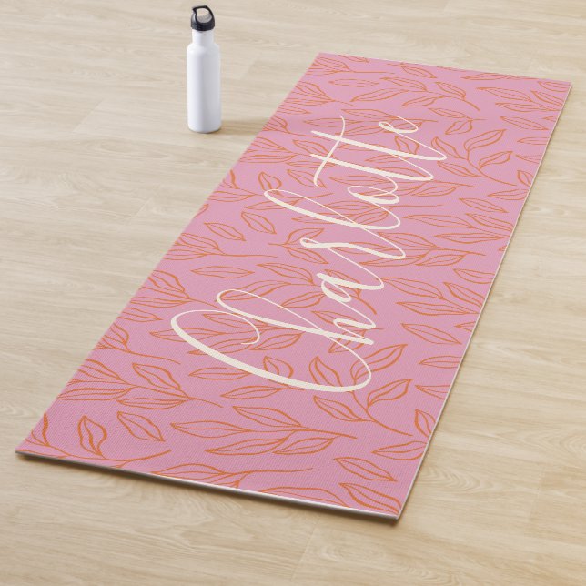 Boho Botanical Leaf Pattern in Pink Personalised   Yoga Mat (In Situ)
