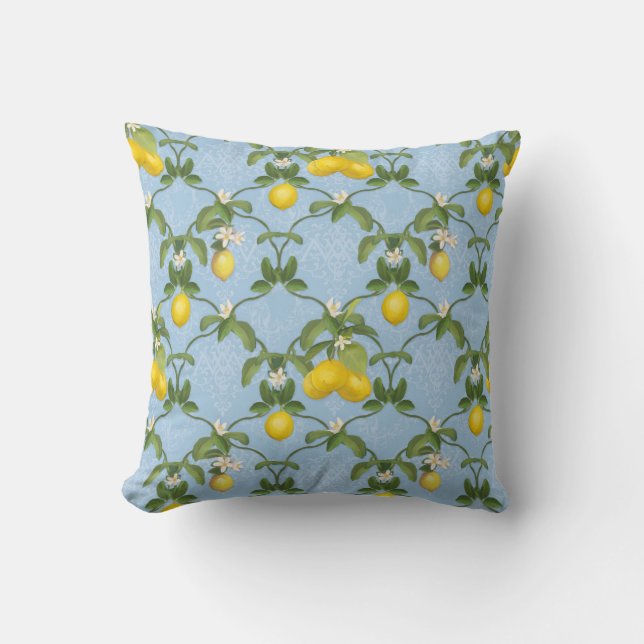 BOHO Botanical Lemon Citrus Floral Style Blue Cushion (Front)