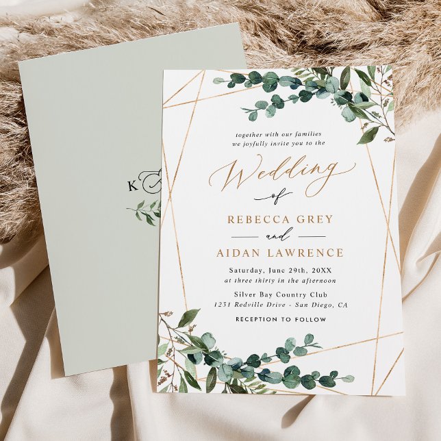 Boho Botanical Modern Greenery Gold Wedding Invitation (Creator Uploaded)