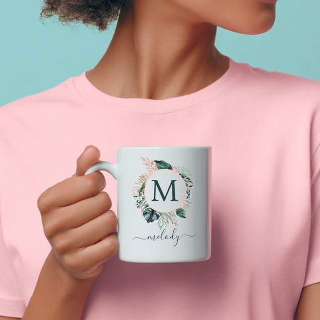 Boho Botanical Monogram - Green - White Coffee Mug (Boho Botanical Monogram - Green - White Coffee Mug
with your Initial and Name)