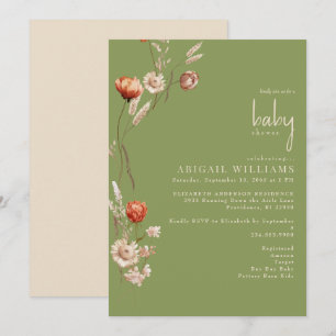 Boho Botanical Moss Green & Cream Baby Shower Invitation