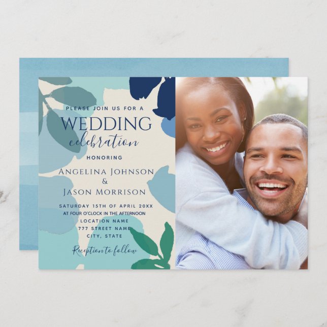 Boho Botanical Navy Dusty Blue Photo Wedding Invitation (Front/Back)