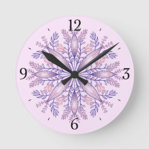 Boho Botanical Purple Fantasy Flower Mandala Round Clock