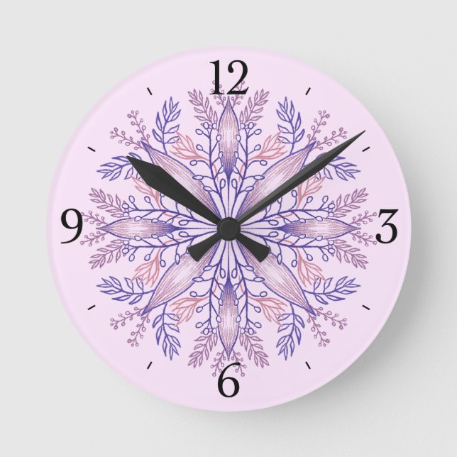 Boho Botanical Purple Fantasy Flower Mandala Round Clock (Front)