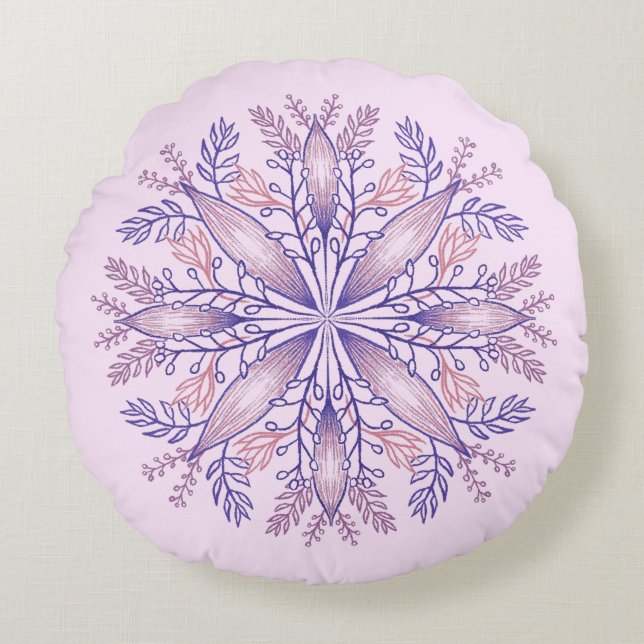 Boho Botanical Purple Fantasy Flower Mandala Round Cushion (Front)