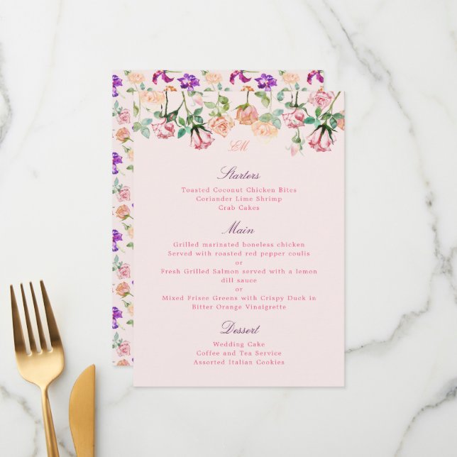 Boho Botanical Romance Watercolor Roses Menu (Front/Back In Situ)