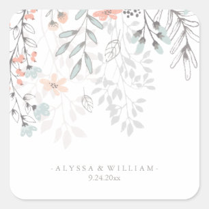 Boho Botanical Rustic Wedding in Coral and Grey Square Sticker