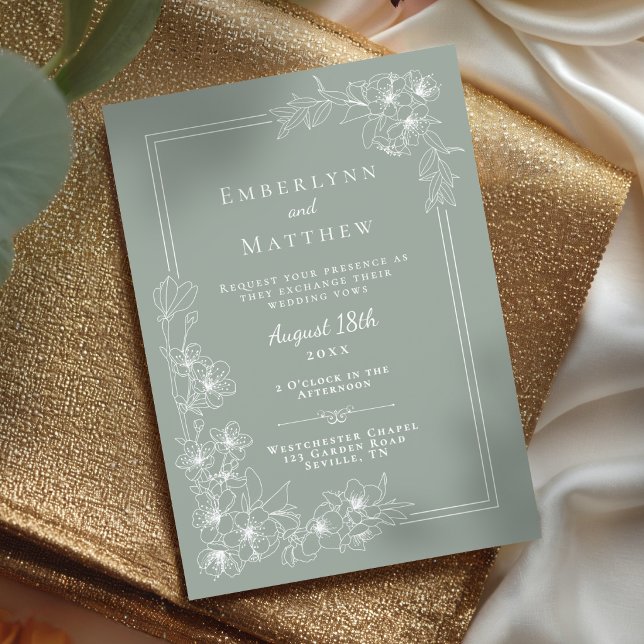 Boho Botanical Sage Green Wildflower Wedding Invitation (Elegant Modern Botanical Sage Green Wedding Invitation)