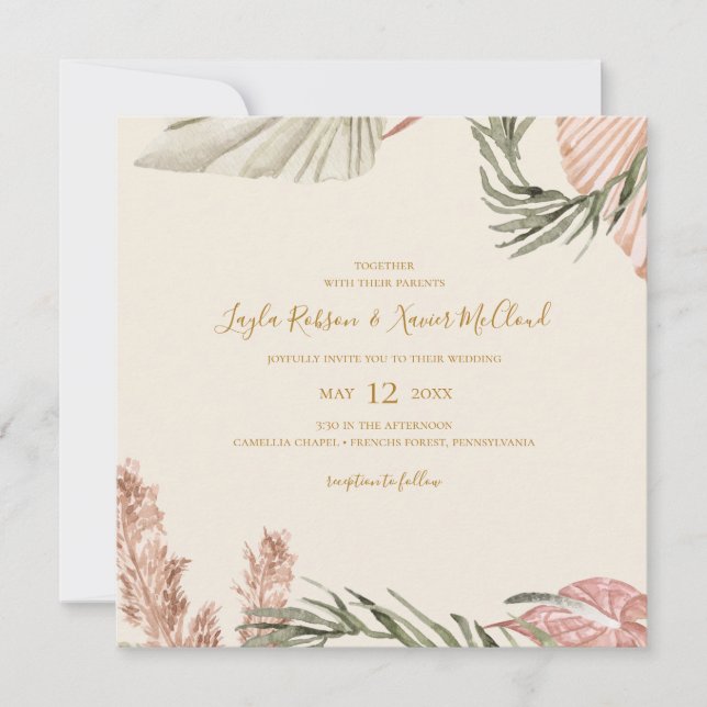Boho Botanical | Simple Olive Green Square Wedding Invitation (Front)