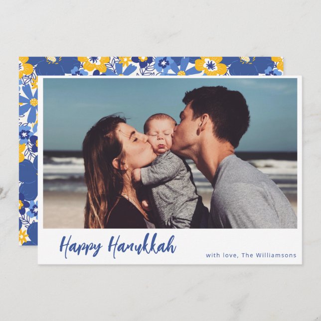 Boho Botanical Simple Script Photo Happy Hanukkah Holiday Card (Front/Back)