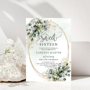 Boho Botanical Sweet Sixteen Greenery Gold Invite