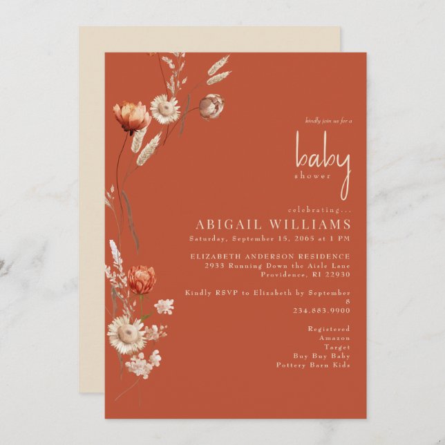 Boho Botanical Terracotta & Cream Baby Shower  Invitation (Front/Back)