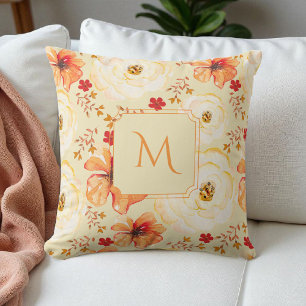Boho Botanical Watercolor Cream Orange Floral Cushion