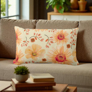 Boho Botanical Watercolor Cream Orange Floral  Lumbar Cushion