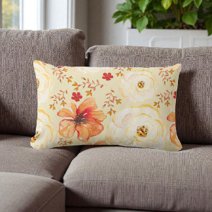 Boho Botanical Watercolor Cream Orange Floral  Lumbar Cushion