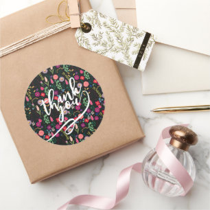 Boho Botanical Watercolor Flowers Black Classic Round Sticker