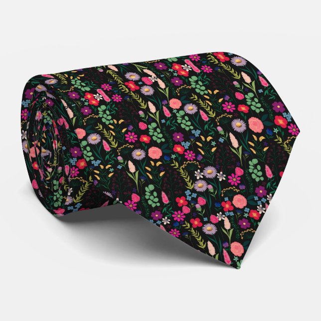 Boho Botanical Watercolor Flowers Black Tie (Rolled)