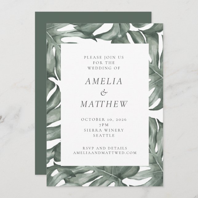 Boho Botanical Watercolor Monstera Green Wedding Invitation (Front/Back)