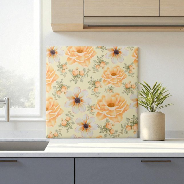 Boho Botanical Watercolor Orange Cream Floral Tile (Creator Uploaded)