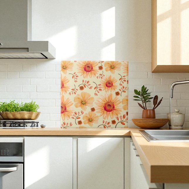 Boho Botanical Watercolor Orange Cream Floral Tile (Creator Uploaded)
