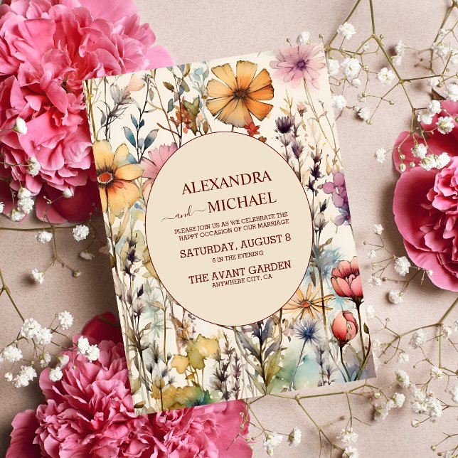 Boho Botanical Watercolor Wildflowers Wedding Invitation (Creator Uploaded)