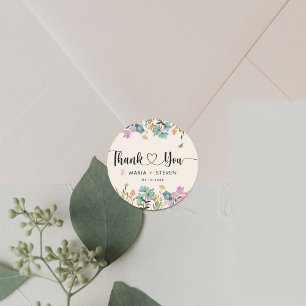 Boho botanical wildflowers wedding thank you classic round sticker