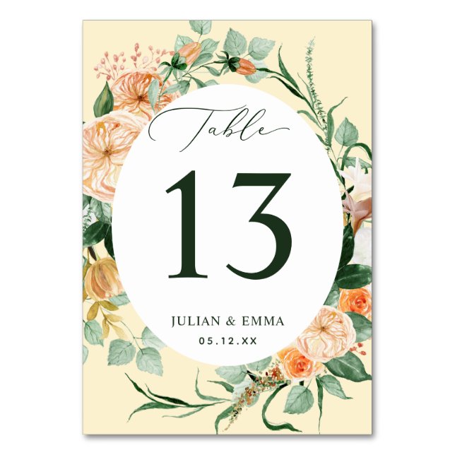 Boho Botanical Yellow Greenery Floral Personalised Table Number (Front)