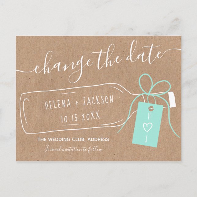Boho bottle message kraft script change the date announcement postcard (Front)