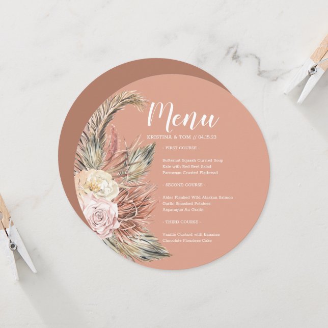 Boho Bouquet Round Menu Invitation (Front/Back In Situ)
