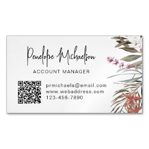 Boho Bouquet with Modern Lettering and QR Code Magnetic Business Card